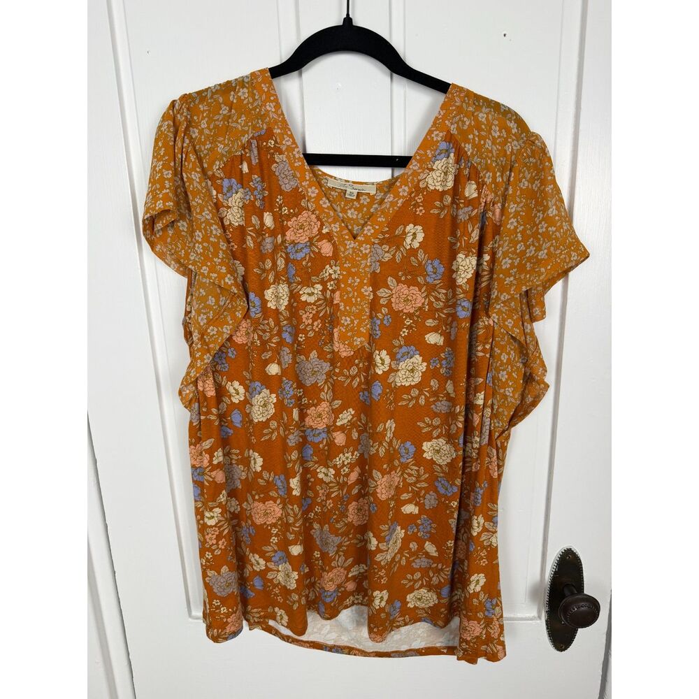 Les Serein Mixed Floral Print Top 3X Plus Size Flutter Sleeve V Neck Boho